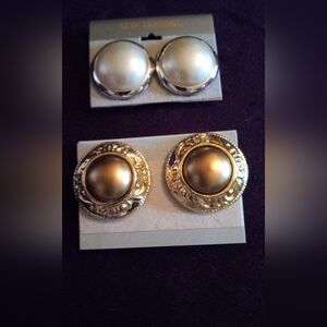 Vintage Trifari Silver/Pearl Tone Button Earrings And Gold Tone Earrings